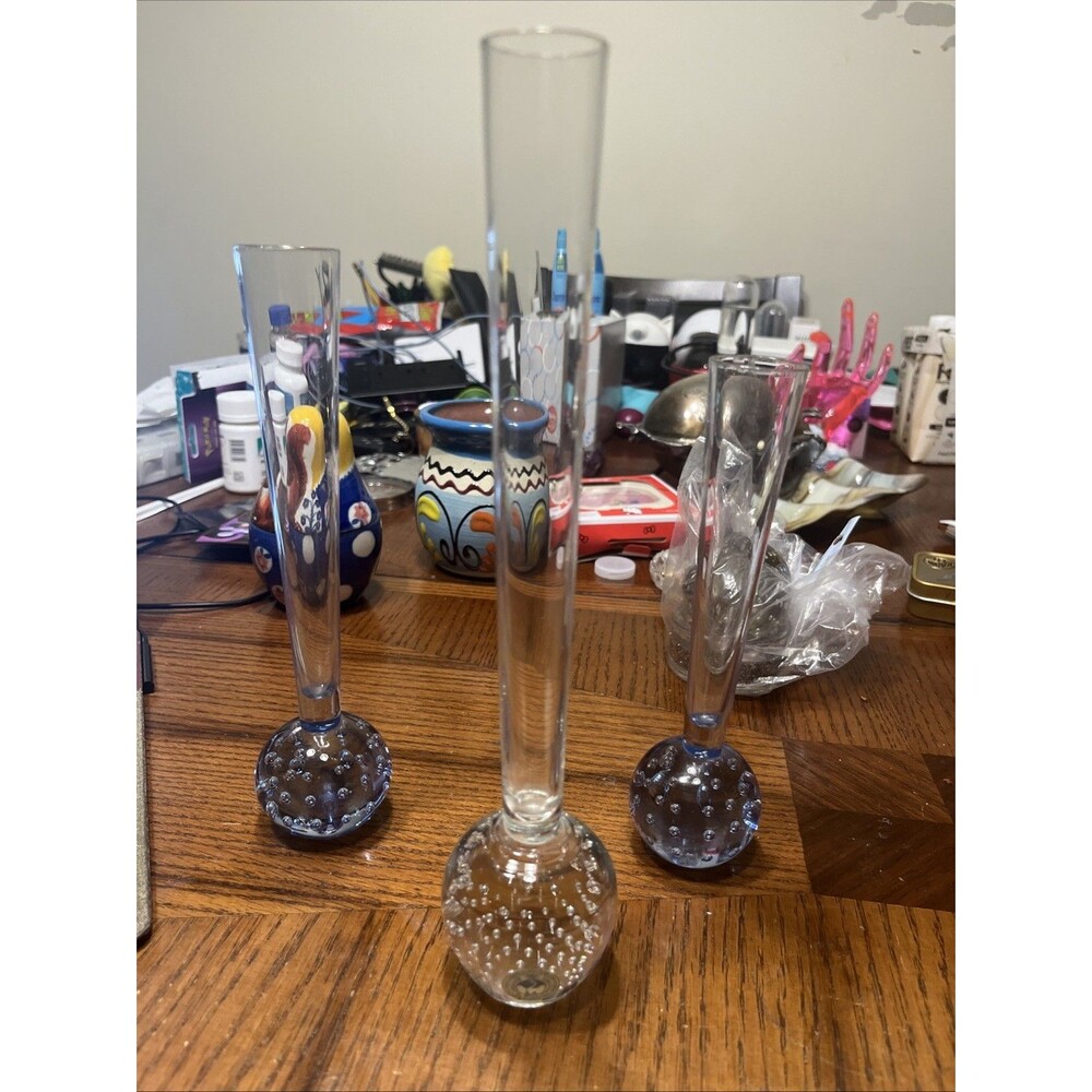 Mid-Century Holmegaard Blue Art Glass Bubble Bud Vases Set Of 3